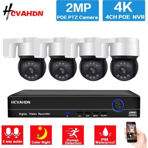 2MP PTZ CCTV Security Dome Camera Kit 4CH 4K POE NVR Kit Outdoor Color Night Vision POE IP Video Surveillance Camera System Set
