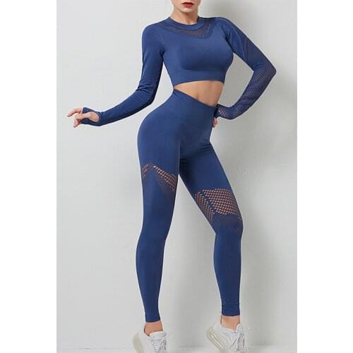 Yoga Set Women Sport Suit Gym Clothes 2 Piece Seamless Hollow Out Fitness Long Sleeve Crop Top High Waist Workout Leggings