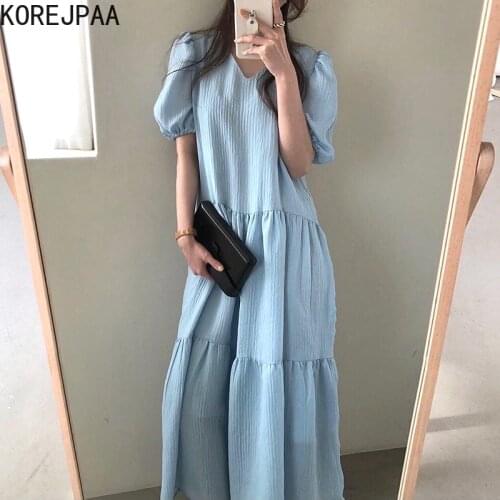 Korejpaa Women Dress 2021Korea Chic French Retro Elegant Square Collar Halo Dye Loose Versatile Bubble Sleeve Long Vestido