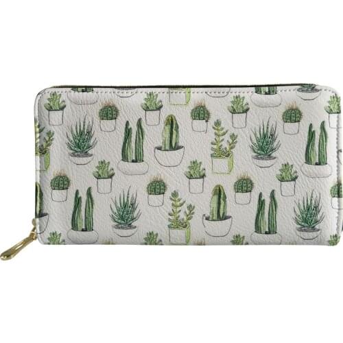 PU Leather Wallet Women Cactus Print Zipper Long Clutch Wallet Tropical Style Female Fashion Coin Purse Phone Card Money Bag