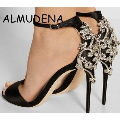 Hot Sale Rhinestone Stiletto Lady High Heels Velvet Suede Sexy Thin Heels Sandals Shoes Open Toe Summer Party Dress Pumps Shoes