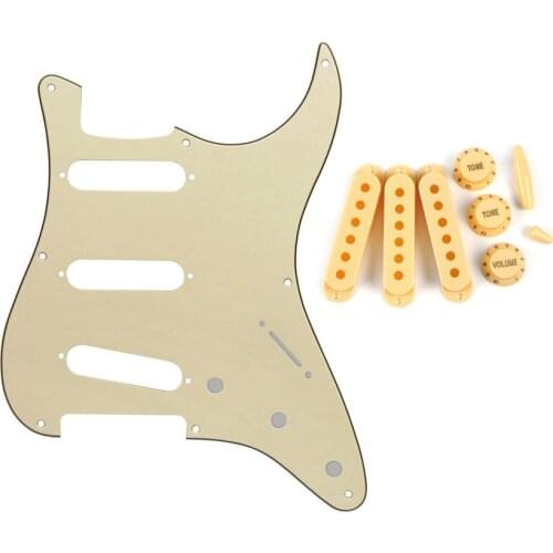 FLEOR Set of 8 Hole Guitar Pickguard SSS with 52mm Pickup Covers 2T1V Knobs Switch Tips