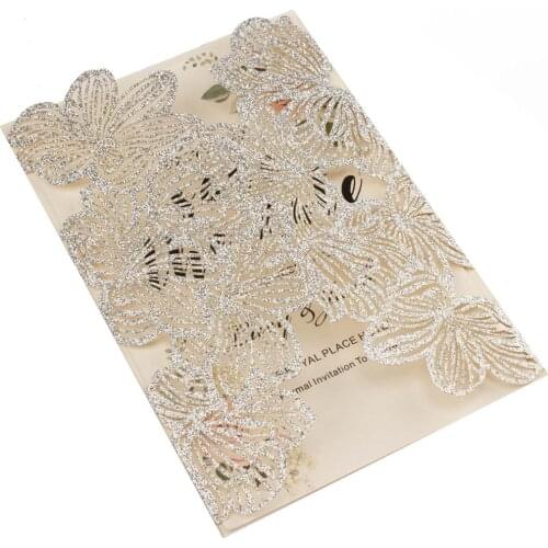 Free Shipping 1X Silver Glitter Leaf Hollow Flower laser cut pocket invite wedding invitation card greeting Envelope customize