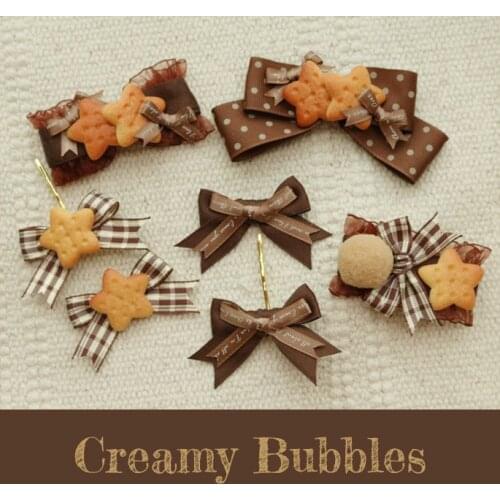 Origional Lolita Handmade Coffee Star Cookies Polka Dot Plaid Hair Clip