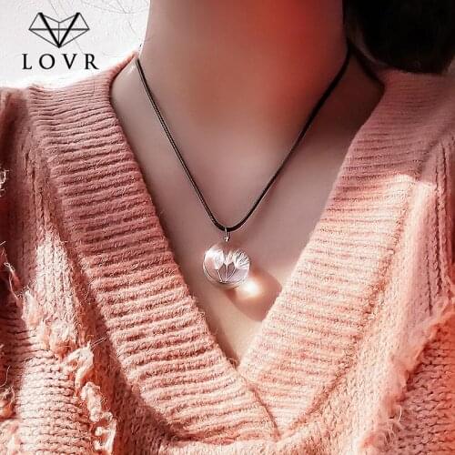 LOVR Women Necklace Dandelion Glass Round Pendant Necklace Charm Trendy Cute Dandelion Transparent Rope Chain Glass Jewelry