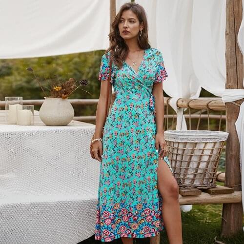 Boho Dress Women Summer 2021 Sexy V-neck Wrap High Slit Party Dress Elegant Fashion Flower Print Wrap Long Slit Dress Green Robe