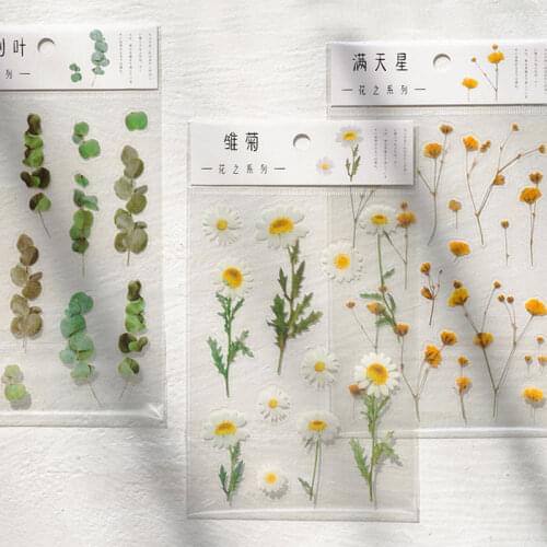 Transparent PET Flower Diary Stickers Daisy Clover Japanese Words Stickers DIY Scrapbooking Flowers Leaves Plants Deco Stickers