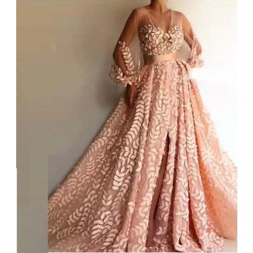 Pink Muslim Evening Dresses With Long Sleeves V-neck High Slit Prom Dresses 2020 Embroidered Leaves vestidos LE40775