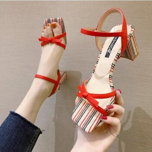 Women Bow Tie Sandals Ankle Strap Heeled Sandals Summer High Heels Woman Chunky Heels Open Toe Party Dress Sandal Mujer Shoes