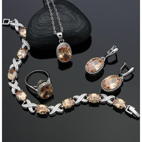 Champagne Zircon Wedding 925 Silver Jewelry Sets For Women Earrings/Rings/Bracelet/Pendant/Necklace Set