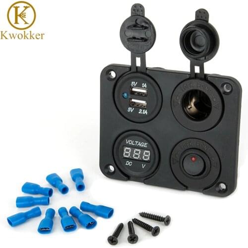 Waterproof 2 Micro USB Car Charger Adapter Cigarette Lighter Socket Plug Rocker Switch Panel + LED Voltage Display