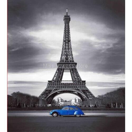 Cute Blue Car & Eiffel Tower Design Shower Curtain Bathroom Waterproof Mildewproof Polyester Fabric With 12 Hooks 180cm*180cm