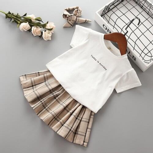 2-7 years High quality girl clothing sets 2019 new summer casual letter solid kid children girl clothing shirt+skirt+scarf 3pcs