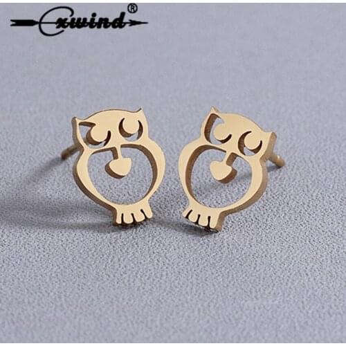 Cxwind Fashion Cute Cut Out Owl Heart Girls Stud Earrings For Women Stainless Steel Gold-Color Animal Statement Earring Jewelry