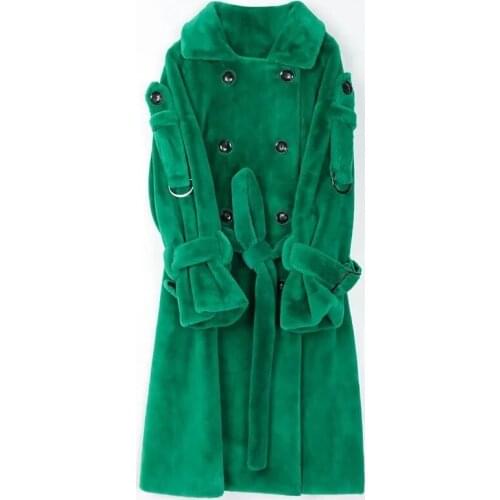 Winter Coat Long Warm Fluffy Faux Fur Trench Coat For Women Double Breasted Pink White Green Fashion Belt Outerwear Female