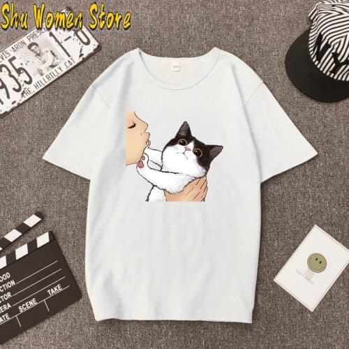 2021 Summer Women T-shirt Kiss a cute cat Printed Tshirts Casual Tops Tee Harajuku 90s Vintage White tshirt Female Clothing