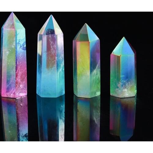 4-7cm Natural Clear Quartz Crystal Point Electroplating Rainbow Hexagon Ornament Reiki Healing Wand Two Colors Crystal Column