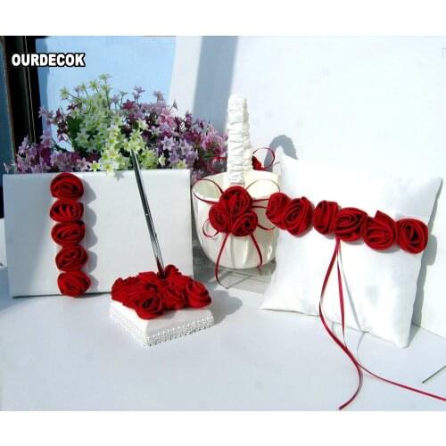 4Pcs/set Red/pink Rose Decor Wedding Satin Ring Pillow &Flower Basket&Guest Book&Pen Set for Bridal Decoration Product Supplies