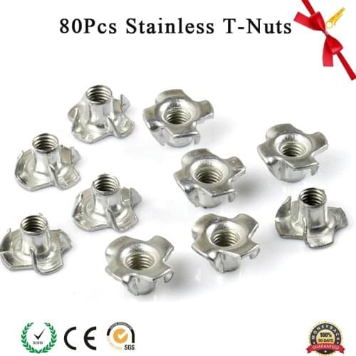 80Pcs Stainless T-Nuts Threaded Insert Pronged Tee Nut Four Claw Nut Pronged Tee Nut for Wood Rock Climbing Holds Furniture