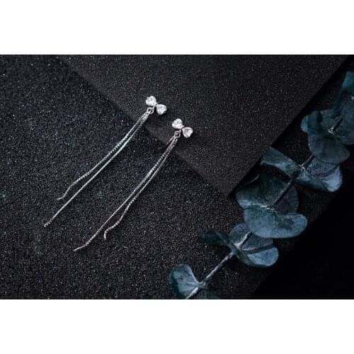 100% Real. 925 Sterling Silver Fine Jewelry clear CZ Bowknot &Box Chain Tassel Dangle Clip earrings Long (NO pierced) gtle1922