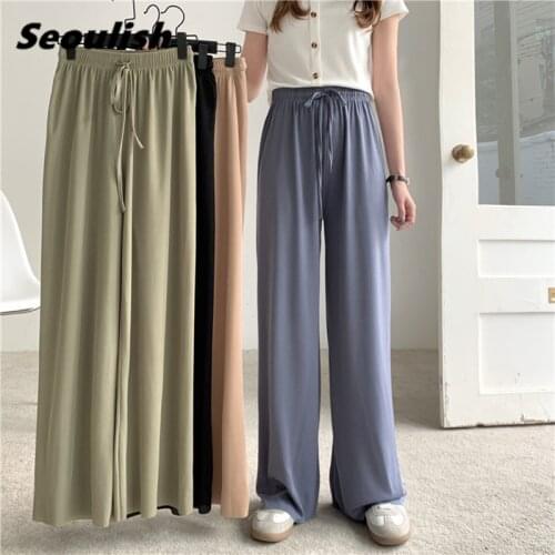 REALEFT Summer 2021 New Ice Silk Womens Wide Leg Pants Female Loose Trousers Solid Elastic Casual Lace Up High Waist Chic Pants