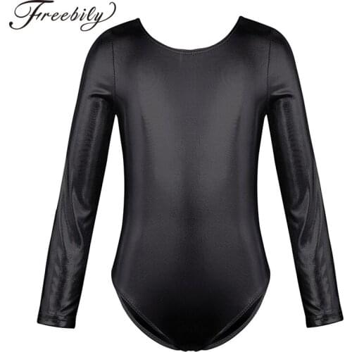 Kids Girls Long Sleeve Shiny Metallic U back Ballet Dance Gymnastics Leotard Children Practice and Competition Dance Costumes