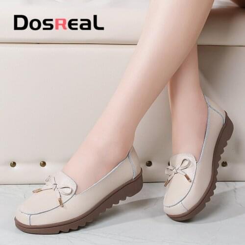 Dosreal Women Flats Shoes Cow Leather Loafers Shoes For Females Slip On Mother White Shoes Ladies Butterfly-knot qCreepers Shoes