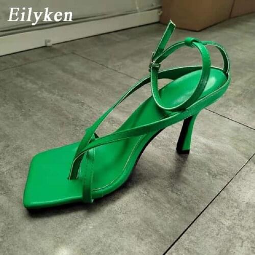 Eilyken 2021 Summer New Ankle Buckle Strap Sandals Fashion Square Toe Narrow Band Gladiator Women Thin High Heels Party Shoes