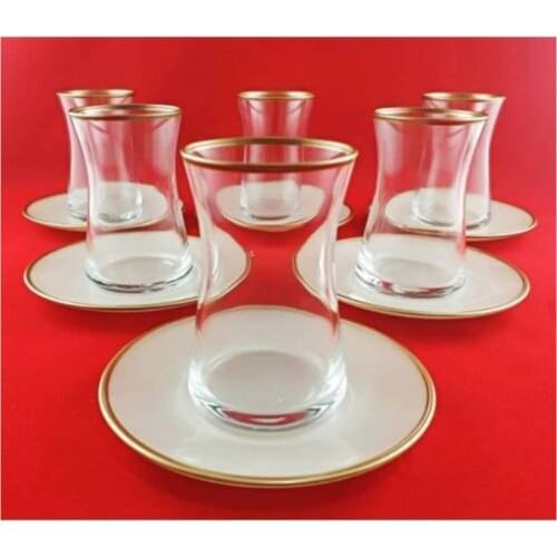 Heybeli Handmade Gold Cream Plate 12 Piece Tea Kit Authentic Nostalgic Original Vernacular Turkish