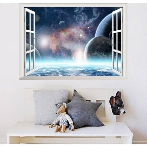Outer Space Planets 3D Windows Wall Stickers Cosmic Wall Decals for Kids Room Baby Bedroom Ceiling Floor Decoration wall mural