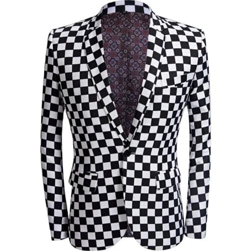 Mens black and White Checkered printed suit men Slim fit suit set blazers singer costume mariage casual nightparty bar