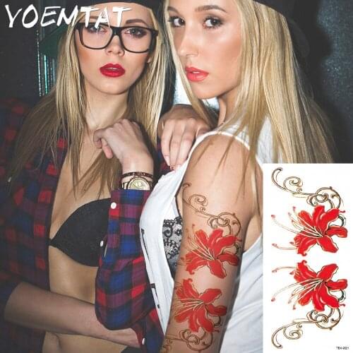Red lily flowers arm shoulder tattoo stickers flash henna tattoo fake waterproof temporary tattoos sticker women on body