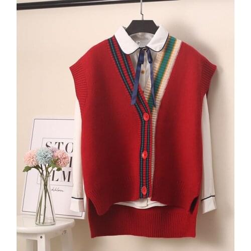 Red Cardigan Loose coat New Women Cloth Fashion Korean lady Girls Waistcoat Autumn Sleeveless Sweater Vest Women Knitted Top