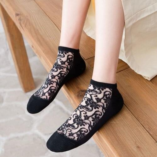 Summer Ankle Socks Vintage Floral Mori Girl Spring Women Breathable Mesh Solid Color Transparent Ultra-Thin Silk Cotton Fashion