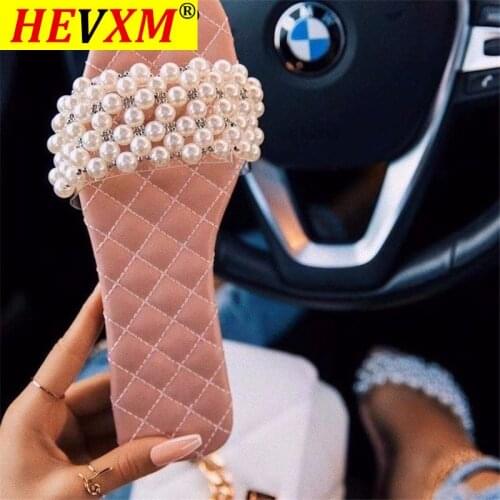 Summer New Women Slippers Pearl Decoration Sandals Casual Flat Solid Color Outside Wearing Female Shoes 2021 Plus Size 35-43