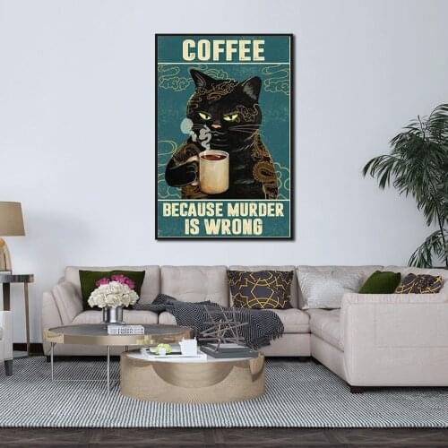 Black Cat Drinking Coffee Canvas Painting Funny Art Poster Wall Decor Modular Pictures for Cafe Home Room Interior Cuadros