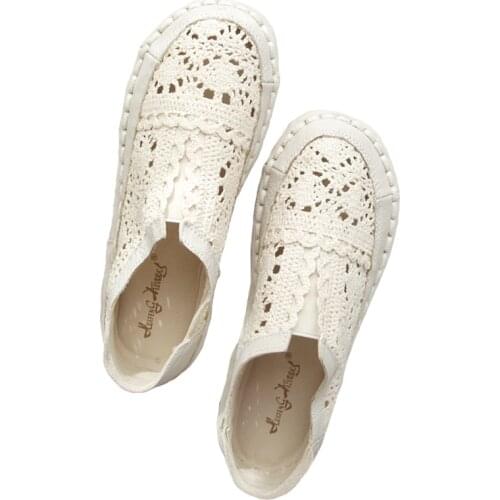 Genuine leather shoes pure handmade lazy shoes lace hook Ladies flower casual shoes Sweet art flat shoes 2color
