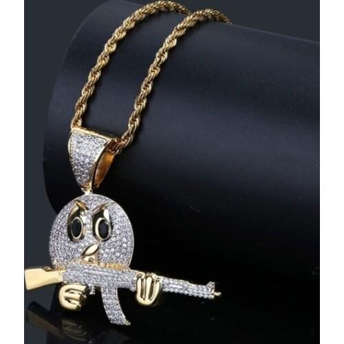Face Character with Gun Pendant Necklaces Charms for Men Gold Color Cubic Zircon Hip Hop Jewelry Necklace