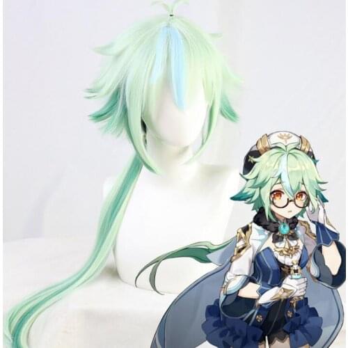 Anime Sucrose Green Long Wig With Ears Cosplay Costume Heat Resistant Synthetic Hair Game Genshin Impact Women Party Wigs