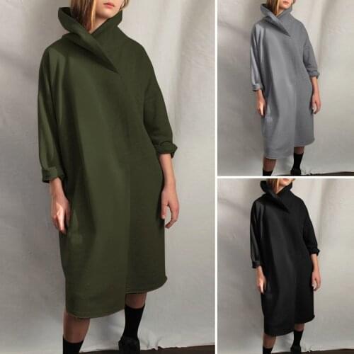 ZANZEA Womens Fashion Irregular Pocket Sweatshirt Dress Autumn Ladies Solid Vestidos Casual Turtleneck Midi Robe Plus Size 5XL