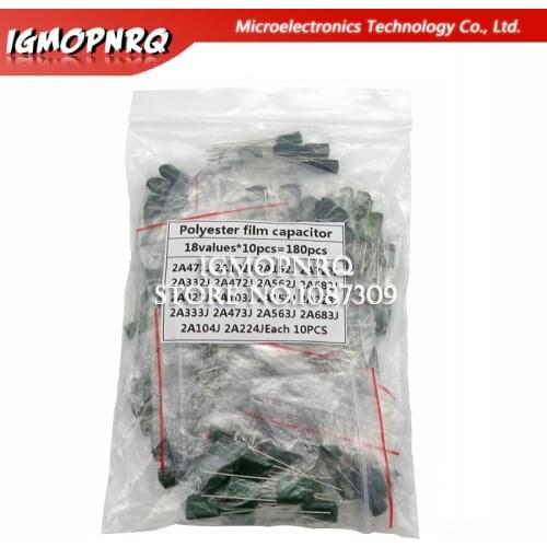 Polyester film capacitor Assorted Kit contains 2A104J 2A332J 2A472J 2A103J 2A333J 2A473J 2A563J 2A223J 180PCS=18value*10PCS