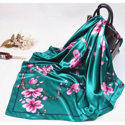 Luxury 100% Twill Silk Scarf Bandana Aztec Wind wintersweet flowers Bird Print Shawl Kerchief Fashion Head Neck Hijab Stole 90cm