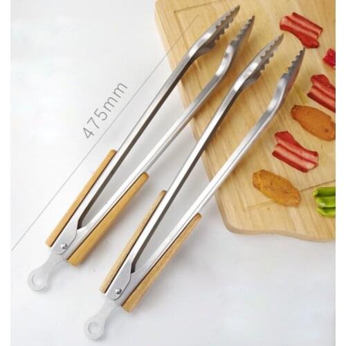 Stainless Steel BBQ Tongs Kitchen Heat Resistant Wood Handle Larger Tong Kitchen Outdoor Tools BBQ Clips Barbecue Clip Clamp