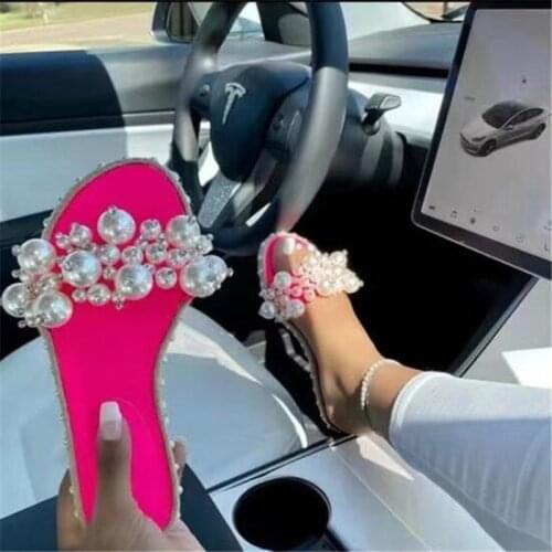 Pearl Slippers Women Summer Sandals 2021 Fashion Bling Female Candy Color Beach Diamond Slippers Flat Shoes Outdoor Sandals