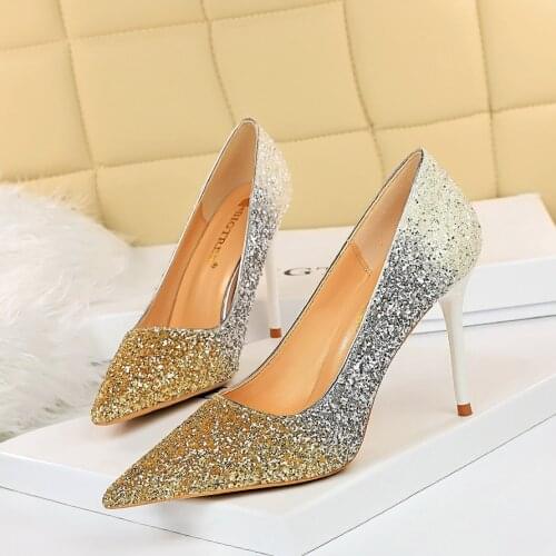 2020 New Spring Autumn Fashion Women Gold Rainbow 10cm Thin High Heels Escarpins Pumps Sequin Bling Heels Bridal Valentine Shoes