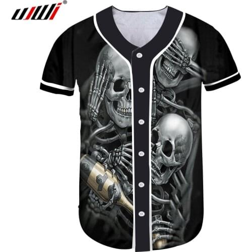 UJWI summer Baseball Jerseys Print Skeleton Skull Champagne 3D Button T-shirts Man Hip Hop Short Sleeve Workout Exercise TShirts