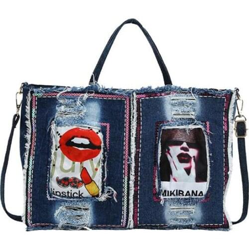 Sequined Badge Pattern Denim Female Totes Large Capacity Fashion Shopping Bag Casual Purses And Handbags For Women Shoulder Bag