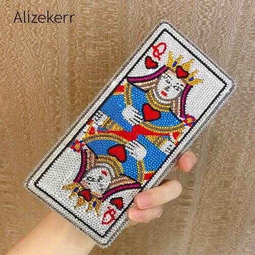 Poker Hearts Q Diamond Evening Clutch Bag Women Designer Color Rhinestones Banquet Small Square Purse Ladies Creative Handbag