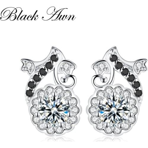 Black Awn 2021 New Romantic Genuine 100% 925 Sterling Silver Jewelry Black&White Stone Wedding Stud Earrings for Women T143