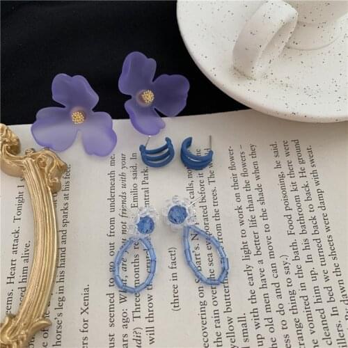 Retro Blue Purple Color Flower Earrings 2020 Summer Multiple Crystal Metal C Shape Floral Dangle Drop Earrings for Women Jewelry